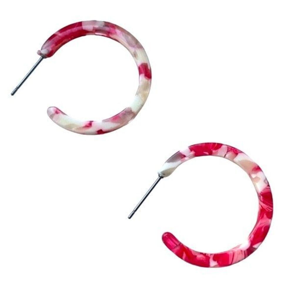 Marbelized Red & White Acetate Hoop Earrings